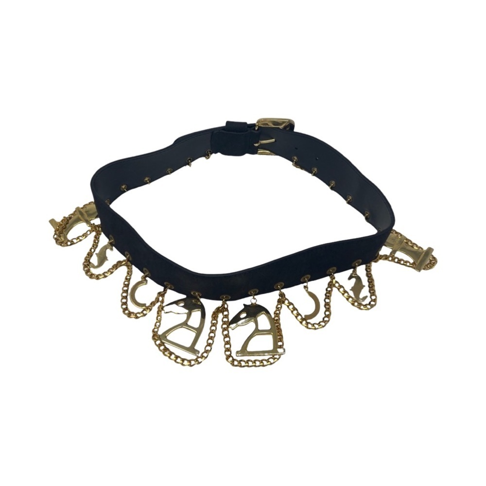 Crisca Black Leather Gold Charm Belt